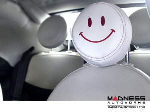 FIAT 500 Headrest Cover Set - Black Italy - Front - Ivory - Red Happy Face Design